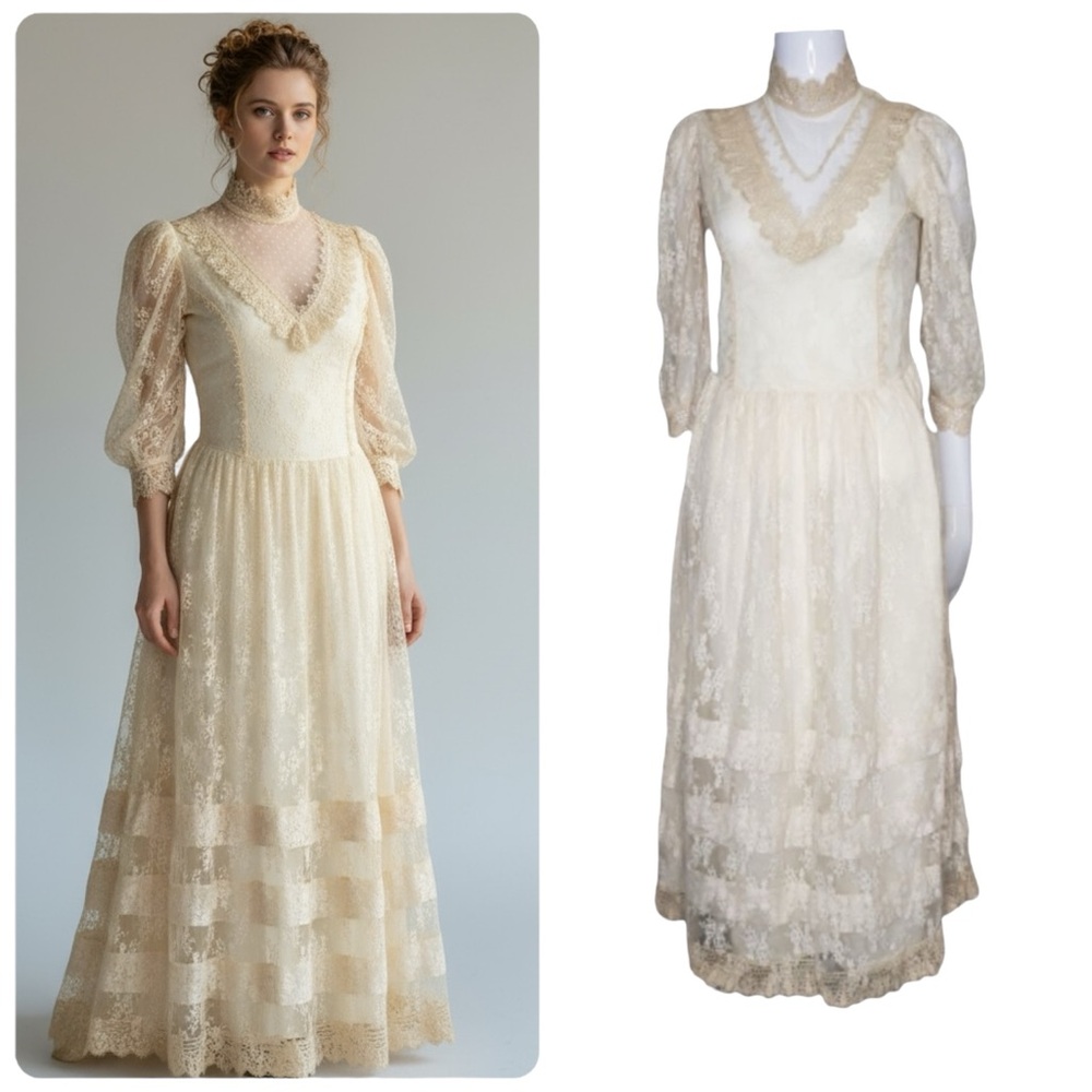 Vintage Cream Ivory Lace Prairie Maxi Dress Sz 8 Victorian Cottagecore Romantic